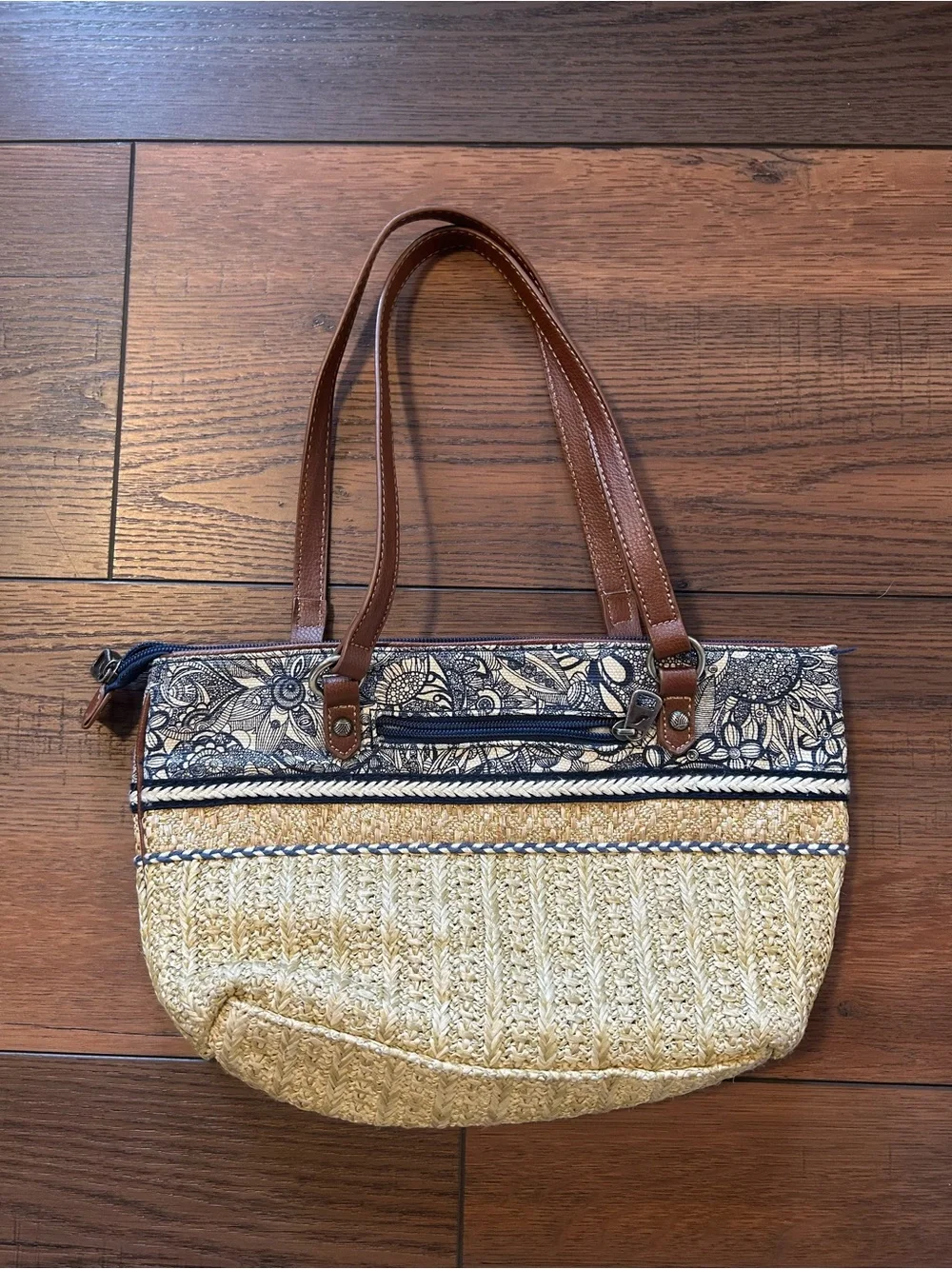 Sakroots Ellis Small Satchel Purse, Woven Straw Tote, Boho Summer Shoulder Purse
